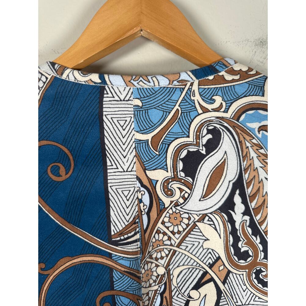 Chicos Baroque-Printed Cardigan Size 1 M Long Open Stretch Paisley Faux Suede - Picture 8 of 11